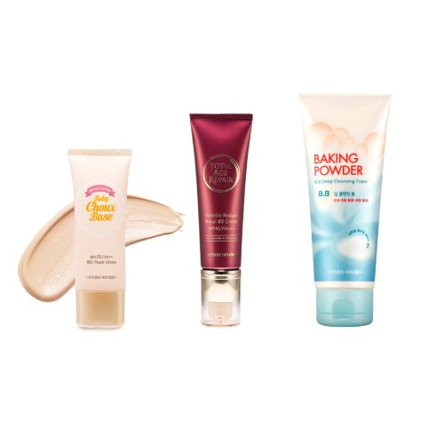Korean Cometics, Etude House, Sweet Recipe Baby Choux Base #3 Peach Choux + Total Age Repair BB Cream No.1(Light Beige) + BB Deep Cleansing Foam Set