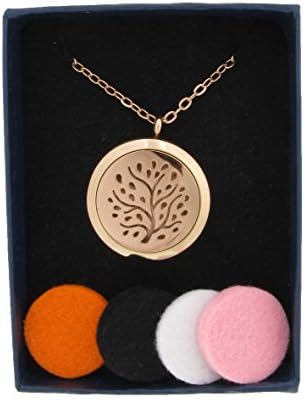 Essential Oil Aromatherapy Diffuser Necklace with 6 Colors Refill Pads(Rose Gold-Life Tree)