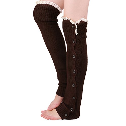 Tirain Women Knitted Flat Button Down Crochet Leg Warmers with Lace Trim FBA(Coffee)