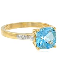18k Yellow Gold Plated Sterling Silver Two-Tone Swiss Blue Topaz and Diamond Accent Cushion Ring, Size 7