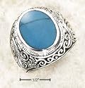 Sterling Silver Mens Bezel Set Turquoise Ring With Tapered Floral Ban - Size 13.0