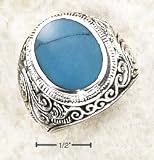 Sterling Silver Mens Bezel Set Turquoise Ring With Tapered Floral Ban - Size 11.0