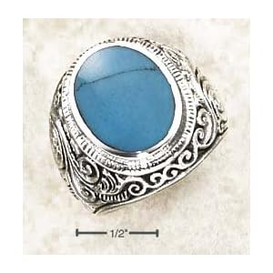Mens Bezel Set Turquoise Ring With Tapered Floral Ban - Size 10.0
