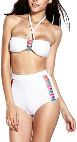 LoveLiness Hottest Retro White High Waist Bikini Colorful Straps Decoration (Small, White)