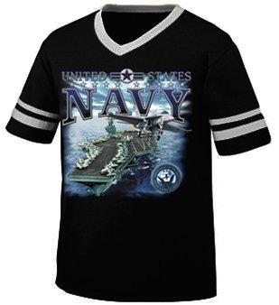 United States Navy Mens Ringer T-shirt, Aircraft Carrier Naval Design V-neck Shirt