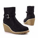 Damen Schuhe, STIEFELETTEN, KEIL WEDGES BOOTS, SD12-A10, Synthetik in hochwertiger Wild Leder Optik, Schwarz, Gr 39