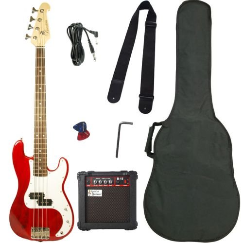Barcelona Beginner Series Bass Guitar Bundle with 10-Watt Amp, Gig Bag, Instrument Cable, Strap, Strings, Picks, and Polishing Cloth - Transparent Red
