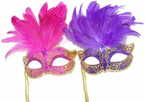 Classic Venetian Elegant Swan w/Grand Feathers Design Laser Cut Masquerade Mask for Mardi Gras Events or Halloween - 2pc for Couples/Men/Women - Pink & Purple