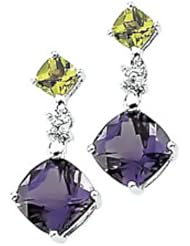 14K White Gold Amethyst, Peridot and Diamond Earrings -- LIFETIME WARRANTY