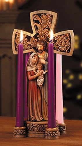 Carved Resin Nativity Scene with Holy Family Advent Wreath Candleholder, 14 Inch