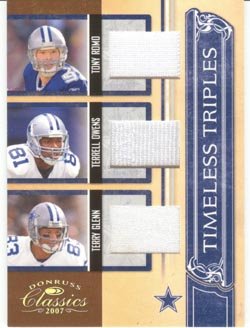 2007 Donruss Authentic Tony Romo, Terrell Owens & Terry Glen Triple Game-Worn Jersey Card