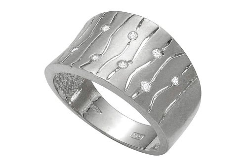 14K White Gold Hand-Crafted Matte-Finish Ring, Etched and Enhanced with Burnish Diamonds.
