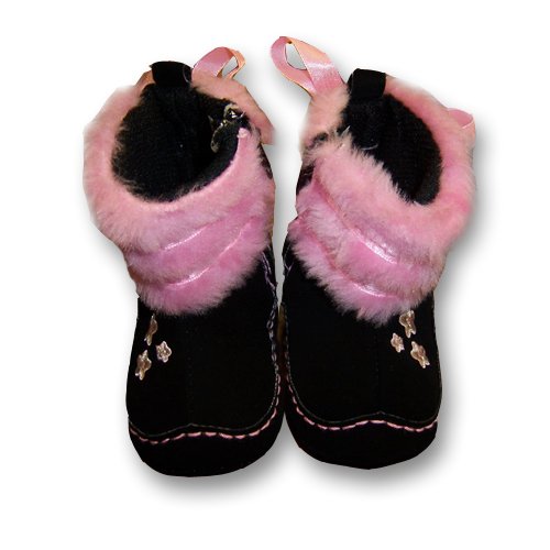 Infant Toddler Girl's Black and Pink Booots with Flower Applique Size 6-9 Months