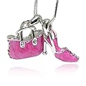 Crystal and Hot Pink Enamel Bag and Shoe Pendant Necklace Fashion Jewelry