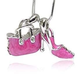 Crystal and Hot Pink Enamel Bag and Shoe Pendant Necklace Fashion Jewelry