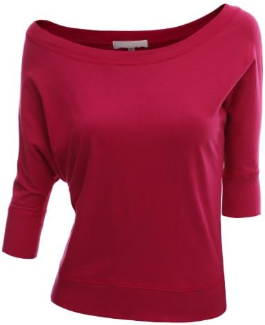 Doublju Women Half Sleeve U-Neck Stretchy Fabric FUCHSIA Mini Top,S