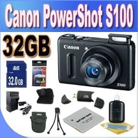 Canon PowerShot S100 12.1 MP Digital Camera with 5x Wide Angle Optical Image Stabilized Zoom (Black) + 32GB SDHC Memory + Extra Extended Life Battery + Ac/Dc Rapid Charger + USB Card Reader + Memory Card Wallet + Deluxe Case + Accessory Saver Bundle!