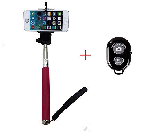 AFUNTA Extendable Camera Self Selfie Portrait Shooting Pole Adjustable Handheld Stick Monopod Pod with 1/4 inch Screw Hole Adjustable Smartphone Adapter Monopod Mount Phone Holder for iPhone 4 / 4S / 5 / 5s / 5c, HTC One LG Sony, Samsung Galaxy S5 S4 S3, Nexus Mobile Cell Phone - RosePink + Bluetooth Remote Camera Wireless Shutter - Black