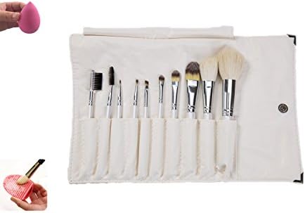 LaiFeiYa - 10 pcs Handle Makeup Brushes Set - Wooden Makeup Brush Set Cosmetic Eyeshadow Eyeliner Foundation Concealer Brush Set Pouch Tool - Free Retro Sack (White)