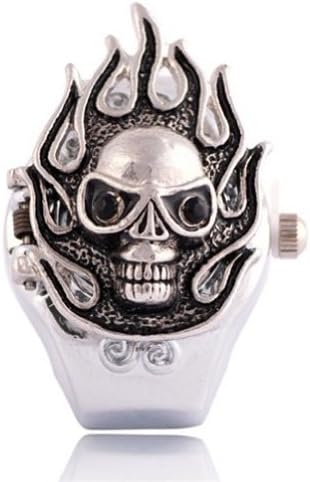 Coostyle Stylish Odd Punk Rock Flaming Raging Fire Ghost Head Skull Finger Ring Watches Novel Retro Stainless Steel Metal Clamshell Electronic Watch Quartz Watches (With Gift Box)