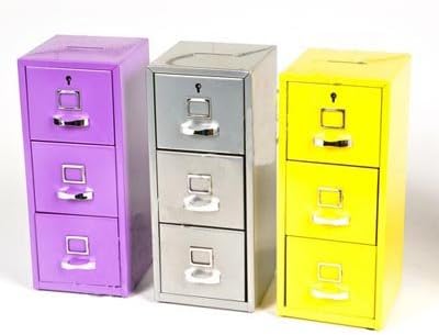 Miniature Metal 3 Drawer File Cabinet w/ Lock and Coin Slot Bank (Various Colors)
