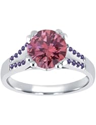 1.10 Ct Round Pink Diamond Purple Amethyst 18K White Gold Ring