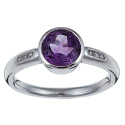 White Gold Round Amethyst and Diamond Ring