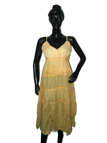 Evening Dress for Women-newage Khaki Embroidered Indian Cotton Lounge Wear Boho Strap Dress S-xl Free Shipping