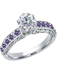 1.24 Ct Round H/I Diamond Purple Amethyst 18K White Gold Ring