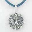 Greenman Leaf Pendant in Sterling Silver on Dusty Blue Satin Cord, #8652