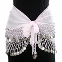 WHITE & SILVER DANGLING COINS BELLY HIP DANCE WRAP BELT