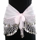 WHITE & SILVER DANGLING COINS BELLY HIP DANCE WRAP BELT