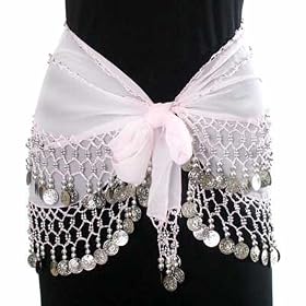 WHITE & SILVER DANGLING COINS BELLY HIP DANCE WRAP BELT