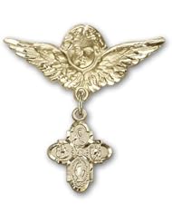 14K Gold Baby Badge with 4-Way Charm and Angel with Wings Badge Pin