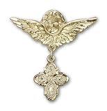 14kt Gold Baby Badge with 4-Way Charm and Angel w/Wings Badge Pin
