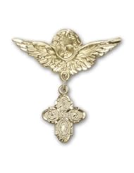 Gold Filled Baby Badge with 4-Way Charm and Angel with Wings Badge Pin