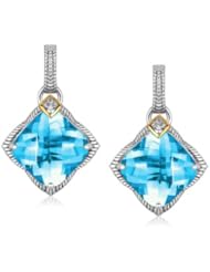 18K Yellow Gold and Sterling Silver Cushion Blue Topaz and Diamond Drop Earrings