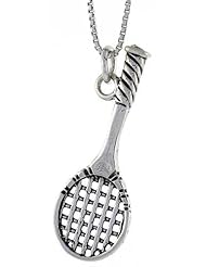 Sterling Silver Tennis Racket Pendant, 1 3/8 inch (36 mm) Long.