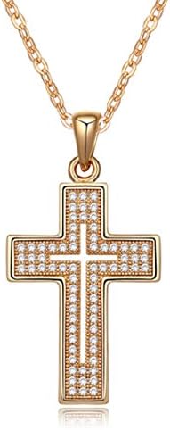 Cross Necklace 18K Yellow / Rose Gold Plated with CZ Gemstones, Christmas Gifts for Women / Girls, Best Holy Religious Christian Pendant Fashion Jewelry Presents - by Elegant Value® (Yellow Gold)