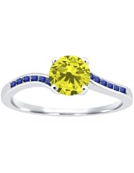0.92 Ct Round Canary Diamond Blue Sapphire 925 Sterling Silver Ring