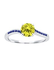 0.92 Ct Round Canary Diamond Blue Sapphire 18K White Gold Ring