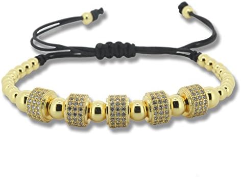Fashion Jewelry 5pcs Wheel Beads Paved White CZ Rhinestones Rope Macrame Bracelet For Men (yellow gold)