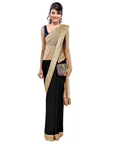 Mannequin Store Women's Indian Designer Net Saree With Unstitched Blouse 6.3 Mtr Black