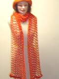 S78, Hand Crocheted Orange Rayon Cotton Gimp 12 Inches By 92 Inches Scarf with Matching Floppy Hat for Women and Teens