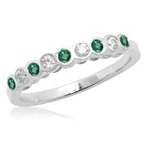 10k White or Yellow Gold Bezel-Set Round Emerald and Diamond Stack Ring