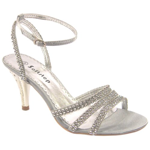 Womens Silver Evening Sandals Sequinned With Ankle Strap