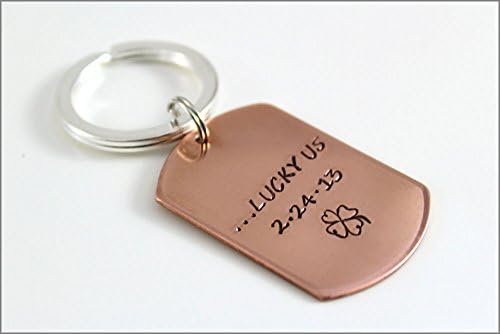 Lucky Us Copper Dog Tag Keychain with Wedding Date | Personalized Husband Anniversary Gift
