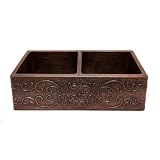 33 Copper Hammered Kitchen Apron 50/50 Double Basin Sink w/ Scroll Design