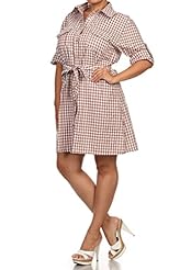 Plus Size Checkered Print Belted Polyester  Shirt  Dress