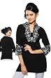 Black crepe kurti with contrast colored embroidery work.